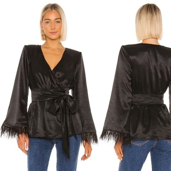 House of Harlow 1960 Viviana Black Feather Wrap Blazer Tunic M - Picture 1 of 16